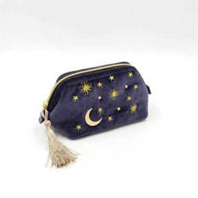 img 1 attached to Navy Velvet Embroidered Applique Moon Stars Sun Cosmetic Bag with Tassels & Pearl Zipper – Handy Makeup Pouch for Beautician Storage, Clutch Handbags, Toiletry Wash Bag