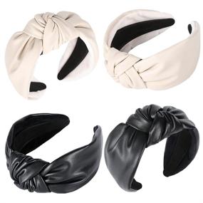 img 1 attached to 🎀 QIANXUAN Wide Black Cloth Hairband with Leather Tie - 2Pcs PU Artificial Top Knot Headbands for Women, Glamorous Fashion Accessory