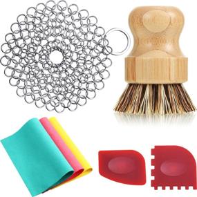 img 4 attached to 🧼 Premium 7-Piece Cast Iron Cleaning Kit: Chainmail Scrubber, Dish Brush, 2 Scrapers, 3 Dish Clothes