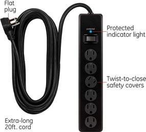 img 3 attached to GE 6-Outlet Surge Protector, 20 Foot Extension Cord, Power Strip with 800 Joules, Flat Plug, Twist-to-Close Safety Covers, UL Listed - Black (50769)