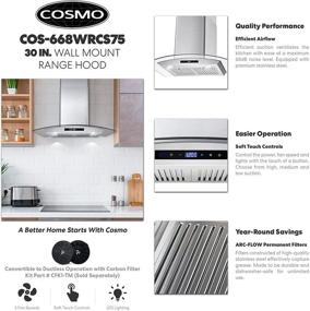 img 2 attached to 🔥 Cosmo 30-Inch Stainless Steel Wall Mount Range Hood with Ducted Exhaust Vent, 3 Speed Fan, Soft Touch Controls, Tempered Glass, and Permanent Filters - Model 668WRCS75