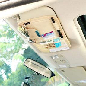 img 1 attached to 🚗 Portable Leather Car Sun Visor Organizer Pouch Storage Case Holder with 3 Mesh Pockets (Beige)