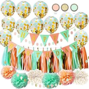 img 4 attached to Mint Peach Birthday Party Decorations - Qian's Party Glitter Gold Polka Dot Pom Pom, Mint & Peach Balloons with Gold Confetti. Ideal for Girl's Wild One Birthday Celebration. Peach Mint Happy Birthday Banner included.