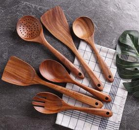 img 2 attached to 🥄 NAYAHOSE Non-Stick Wooden Cooking Utensil Set for Effortless Kitchen Cooking: Spoons, Spatulas, and Salad Fork