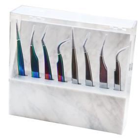 img 4 attached to 👁️ Organize Your Lash Extensions with FUNORNAM 8-Hole Eyelash Tweezers Storage Holder Stand in White: Acrylic Marble Display Box Organizer with Dust Proof Cover for Lash Cart