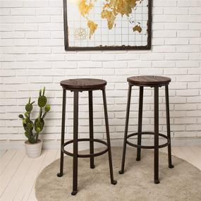 img 3 attached to 🪑 Glitzhome Rustic Steel Bar Stool Set of 2 - Round Wood Top Pub Height Chairs for Dining Room