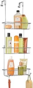 img 4 attached to 🚿 Chrome Over Door Shower Caddy with Built-in Hooks and Baskets - 3 Tier Hanging Bathroom Organizer for Shampoo, Body Wash, Loofahs