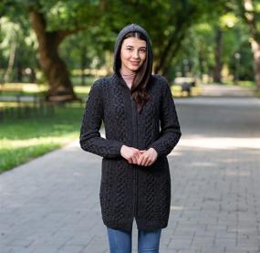 img 3 attached to 🧥 Stay Cozy in Style with SAOL's Women's 100% Merino Wool Aran Irish Cardigan feat. Pockets, Hood, and Celtic Zipper