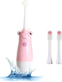 img 4 attached to 🐸 Adorable Waterproof Pink Frog Electric Sonic Children Toothbrush - Ideal for Kids aged 3 to 12 Years - Cute Ultrasonic Design with Three Soft Hair Brushes