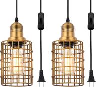 🔌 2-pack topotdor pendant light with plug-in cord - vintage adjustable industrial hanging cage lighting- e26 edison plug-in light fixture with on/off switch (gold) логотип