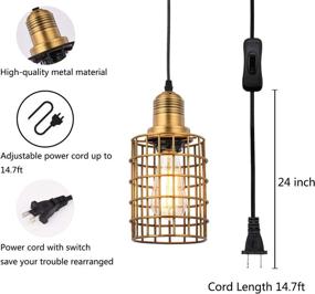 img 3 attached to 🔌 2-Pack Topotdor Pendant Light with Plug-in Cord - Vintage Adjustable Industrial Hanging Cage Lighting- E26 Edison Plug-in Light Fixture with On/Off Switch (Gold)