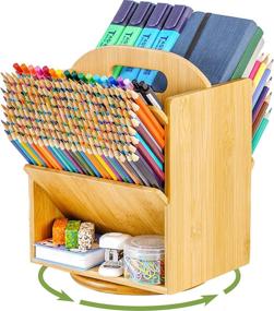 img 4 attached to 🎨 Bamboo Art Supply Organizer: Rotating Pencil Pen Holder with 6 Compartments, Holds 400+ Pencils - Desktop Storage Caddy for Colored Pencils, Pens, Markers, and Brushes