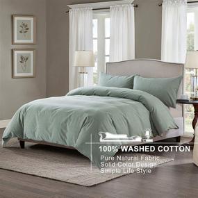 img 3 attached to 🛏️ NEWLAKE Green Queen Duvet Cover Set - Washed Cotton Solid Color Bedding, Zipper Closure &amp; Corner Ties for Comforter