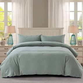img 4 attached to 🛏️ NEWLAKE Green Queen Duvet Cover Set - Washed Cotton Solid Color Bedding, Zipper Closure &amp; Corner Ties for Comforter