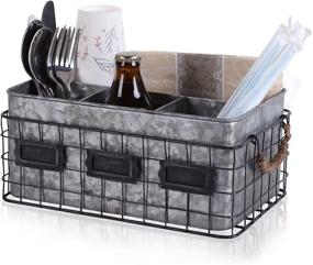 img 4 attached to 🍴 NIKKY HOME Rustic Farmhouse Galvanized Utensil Holder - Silver, Cutlery Caddy and Condiment Organizer for Kitchen Countertop, Dining, Outdoors, Picnics, Parties, with Flatware Utensil Caddy and Napkin Holder