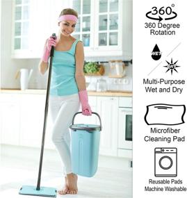 img 2 attached to Green Guay Clean Flat Floor Mop with Bucket Set - Self Squeeze Wringer System - 2 Microfiber Washable Pads - 360° Swivel Spin Head - Home Wet and Dry Cleaning – Multi Surface - Dirt Grime Lint Spills Remover