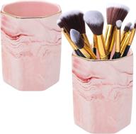 2 pack ceramic marble pattern pen holder stand, stylish makeup brush holder for girls & women, desk accessories organizer pot, durable desktop pencil holder perfect gift for office & home (pink) логотип