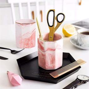 img 3 attached to 2 Pack Ceramic Marble Pattern Pen Holder Stand, Stylish Makeup Brush Holder for Girls & Women, Desk Accessories Organizer Pot, Durable Desktop Pencil Holder Perfect Gift for Office & Home (Pink)