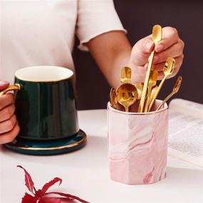 img 1 attached to 2 Pack Ceramic Marble Pattern Pen Holder Stand, Stylish Makeup Brush Holder for Girls & Women, Desk Accessories Organizer Pot, Durable Desktop Pencil Holder Perfect Gift for Office & Home (Pink)