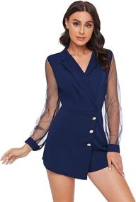 img 1 attached to 👗 SheIn Women's Notch Collar Button Wrap Trim Jumpsuit with Mesh Sleeves, Short Wide Leg Romper