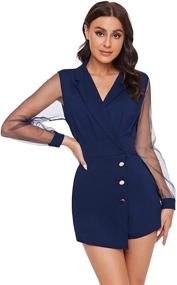 img 4 attached to 👗 SheIn Women's Notch Collar Button Wrap Trim Jumpsuit with Mesh Sleeves, Short Wide Leg Romper