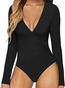 img 4 attached to MANGOPOP Surplice Ruched Bodysuit Jumpsuits Women's Clothing for Bodysuits