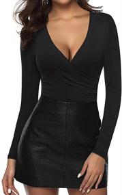 img 3 attached to MANGOPOP Surplice Ruched Bodysuit Jumpsuits Women's Clothing for Bodysuits