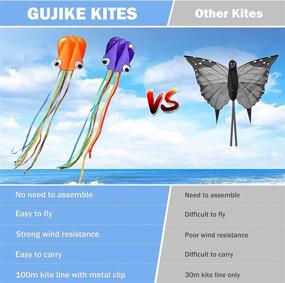 img 1 attached to 🎪 GUJIKE 3D Big Eyes Octopus Kite 2 Pack - Giant Octopus Kites for Kids and Adults - Easy to Fly - Purple + Orange - 31 Inches Wide with Long 157 Inch Tail