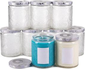 img 4 attached to 🕯️ 8 oz Pack of 9 Embossed Glass Candle Containers with Tin Lids and Labels