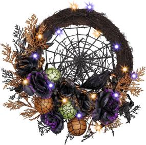 img 4 attached to 🎃 Valery Madelyn 24" LED Pre-Lit Halloween Wreath for Front Door with Crow and Artificial Rose, Black and Orange Halloween Decorations for Indoor Party Decor