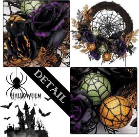 img 1 attached to 🎃 Valery Madelyn 24" LED Pre-Lit Halloween Wreath for Front Door with Crow and Artificial Rose, Black and Orange Halloween Decorations for Indoor Party Decor