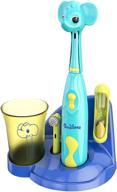brusheez® kids safari electric toothbrush set - soft bristles, battery operated, easy on/off, 2 brush heads, animal cover, sand timer, rinse cup, base - ages 3+ (ollie the elephant) logo
