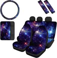 🚀 renewold 8-piece galaxy space car interior set: 4 car front rear seat covers, 1 steering wheel cover, 2 seat belt covers, 1 center console cushion pad - dustproof fit for most suvs, vans, trucks, and sedans logo