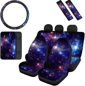 img 4 attached to 🚀 Renewold 8-Piece Galaxy Space Car Interior Set: 4 Car Front Rear Seat Covers, 1 Steering Wheel Cover, 2 Seat Belt Covers, 1 Center Console Cushion Pad - Dustproof Fit for Most SUVs, Vans, Trucks, and Sedans