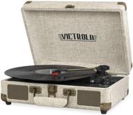 🎵 victrola vintage bluetooth portable record player: 3-speed turntable with upgraded audio, built-in speakers, stylus & light beige linen - perfect for on-the-go music experience! logo