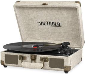 img 2 attached to 🎵 Victrola Vintage Bluetooth Portable Record Player: 3-Speed Turntable with Upgraded Audio, Built-in Speakers, Stylus & Light Beige Linen - Perfect for On-The-Go Music Experience!