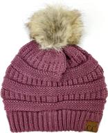 👒 stretch cable knit ribbed beanie hat with faux fur pom pom - plum feathers logo