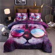 🐱 galaxy comforter sets queen for kids - cool cat with glasses design - soft lightweight animal printed bedding quilt set (multi, queen) logo