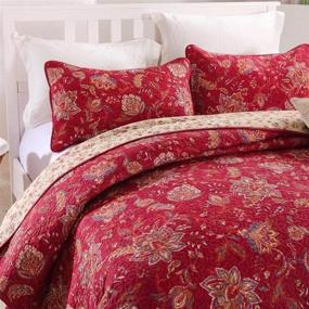 img 3 attached to 🌺 mixinni Reversible Floral Quilt Set - 100% Cotton Red Bedspread Coverlet (King Size) with 2 Shams