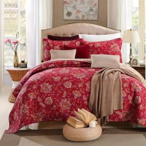 img 4 attached to 🌺 mixinni Reversible Floral Quilt Set - 100% Cotton Red Bedspread Coverlet (King Size) with 2 Shams