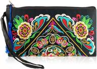 black bohemian style clutch bag featuring embroidered wrist strap - ideal as a purse, cosmetic bag, pencil case, or coin purse logo