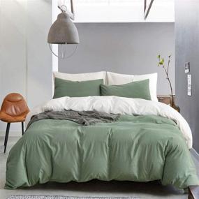 img 4 attached to 🌿 ECOCOTT Queen Duvet Cover Set - Reversible 100% Washed Cotton Bedding in Sage Green & White with Zipper, Includes 2 Pillowcases - Ultra Soft, Easy Care & Breathable Cozy Bedding Set