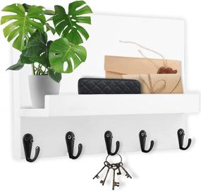 img 4 attached to Decorative Key and Mail Holder: Upgraded Key Holder with Thick Back Panel and Widened Shelf - 5 Heavy Metal Hooks - Farmhouse Decoration Key Rack in White - 11.75x3.13x7 inches