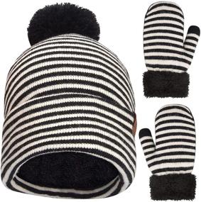img 4 attached to Warm Knit Fleece Lined Winter Toddler Pom Beanie Hat and Mittens Gloves Set for Boy Girl Kids Age 2-5