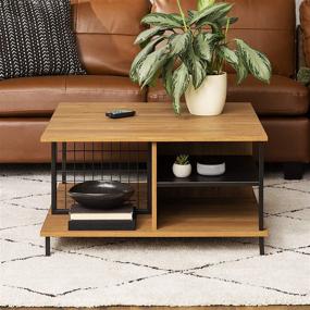 img 3 attached to 🔲 Streamlined Elegance: Walker Edison 30 Inch Metal and Wood Square Coffee Table with Ottoman Storage Shelf - English Oak Accent for Living Room