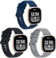 🏋️ sport bands 3-pack for fitbit sense/versa 3 - classic soft silicone replacement wristbands for women men (black/midnight blue/gray) logo
