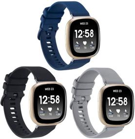 img 4 attached to 🏋️ Sport Bands 3-Pack for Fitbit Sense/Versa 3 - Classic Soft Silicone Replacement Wristbands for Women Men (Black/Midnight Blue/Gray)