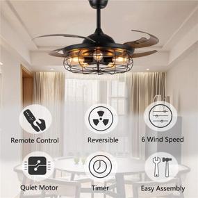 img 3 attached to 🌙 Moooni 48" Reversible Industrial Ceiling Fan with Lights and Remote: Vintage Caged Chandelier Fan Light Kit in Black - Perfect Fandelier for Bedroom, Dining Room, and Farmhouse Décor