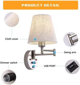 img 1 attached to 💡 Dimmable Wall Mount Light with USB Port for Bedside, Swing Arm Fabric Shade Wall Sconce with Plug in Cord - Ideal for Bedroom, Living Room, and Hotel