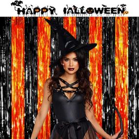 img 4 attached to 🎃 Halloween Party Decorations: Yomiie Foil Fringe Curtains - 2pcs 3.3ft x 6.5ft Black & Orange Tinsel Curtain Party Photo Booth Props. Ideal for Indoor Halloween Hanging Decor and Backdrop.